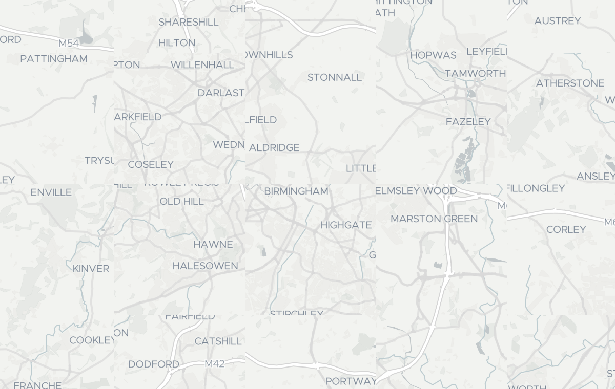 Dark map of birmingham showing where MAV Reality delivers AV and video conferencing