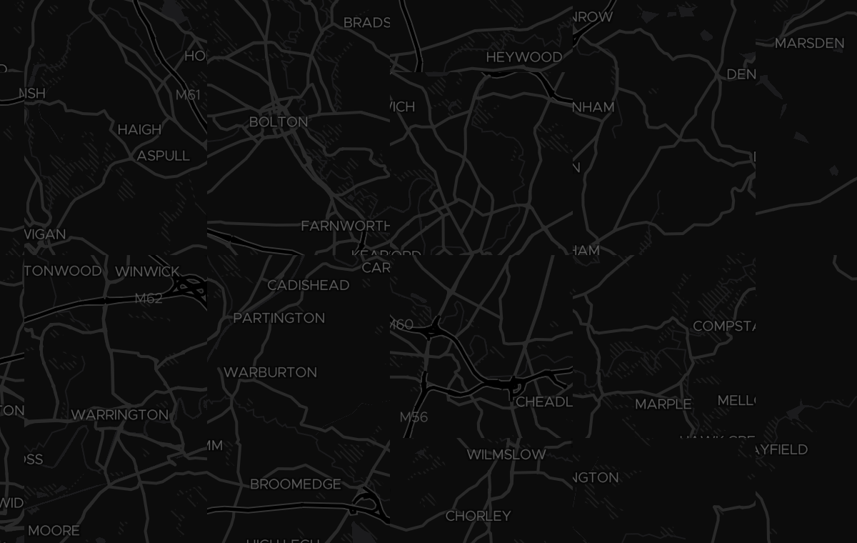 Dark map of manchester showing where MAV Reality delivers AV and video conferencing